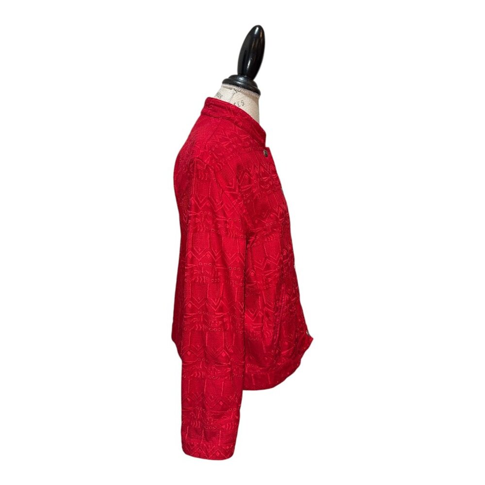 Chico's Design Sz 3 (XL) Red Embroidered 6-Button Long Sleeve Jacket w Islets - Picture 2 of 10